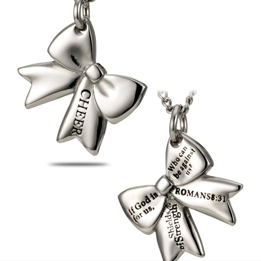 Shields of Strength Stainless Steel Cheer Bow Necklace Romans 8:31 Bible Verse
